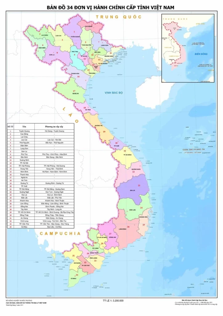 Bản đồ Việt Nam 34 tỉnh thành theo tỷ lệ 1 : 3 200 000